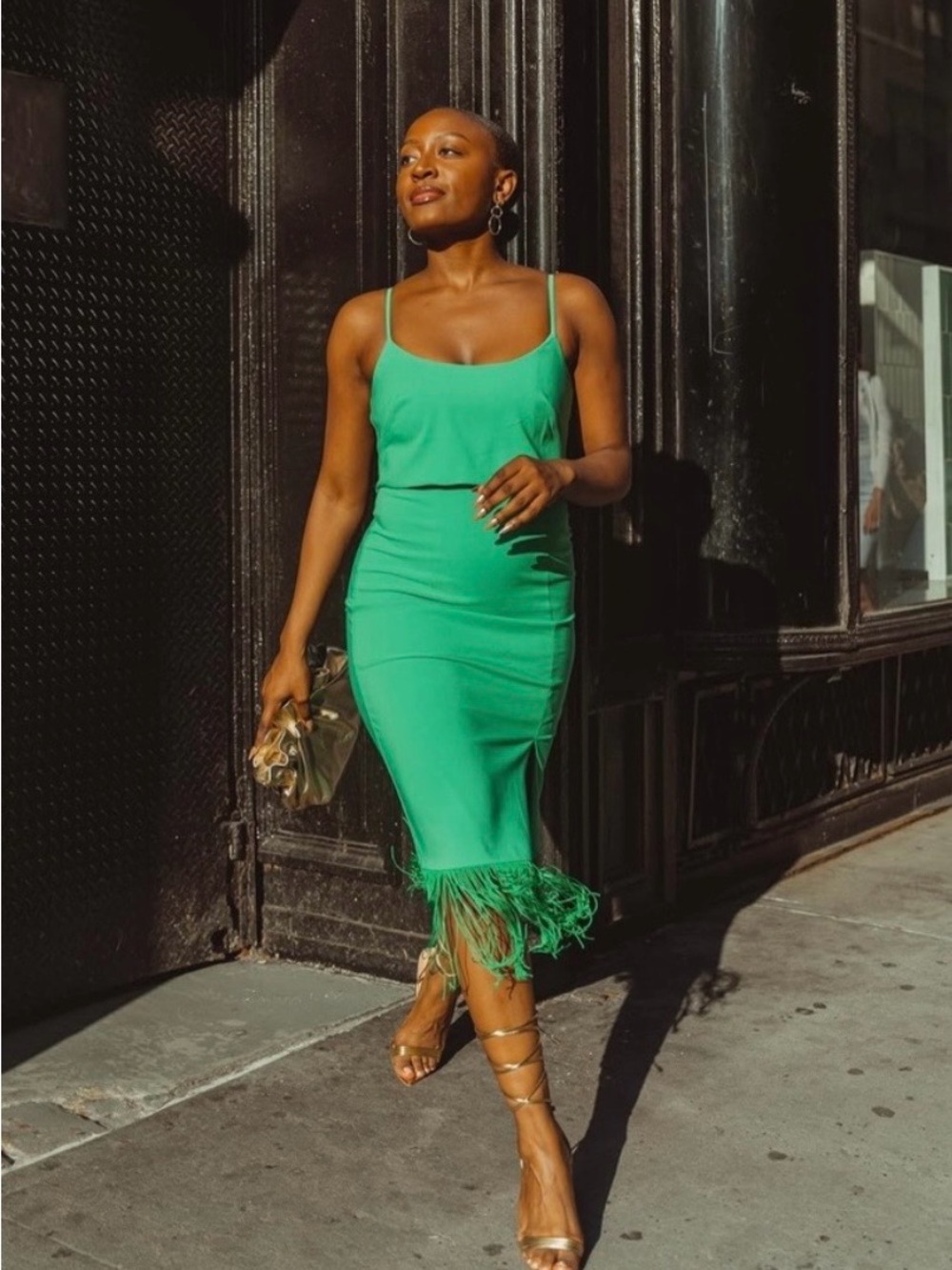 Adrianna Papell Green Midi Dress with Fringe Hem